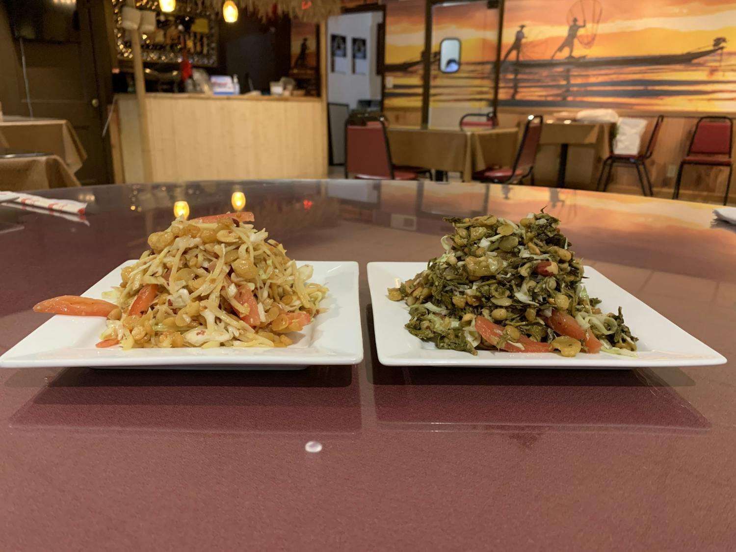 Ginger salad (left) and tea leaf salad (right) are refreshing vegan options.