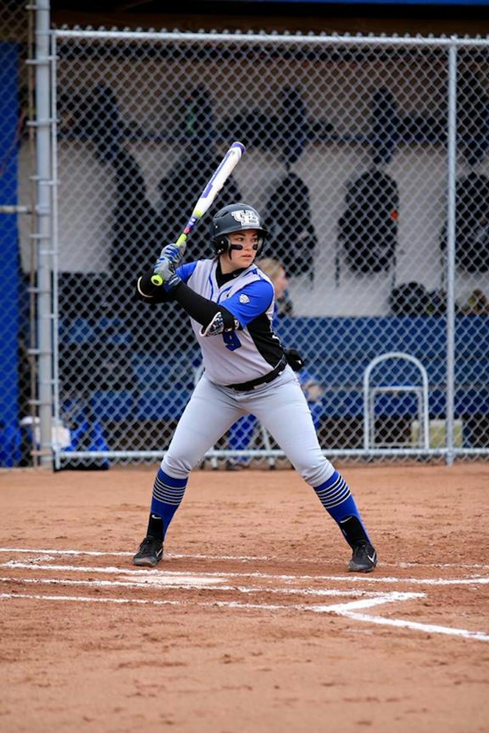 <p>Senior third baseman Danielle Lallos at the plate. The Bowling Green Falcons swept the Bulls in a doubleheader Friday.</p>