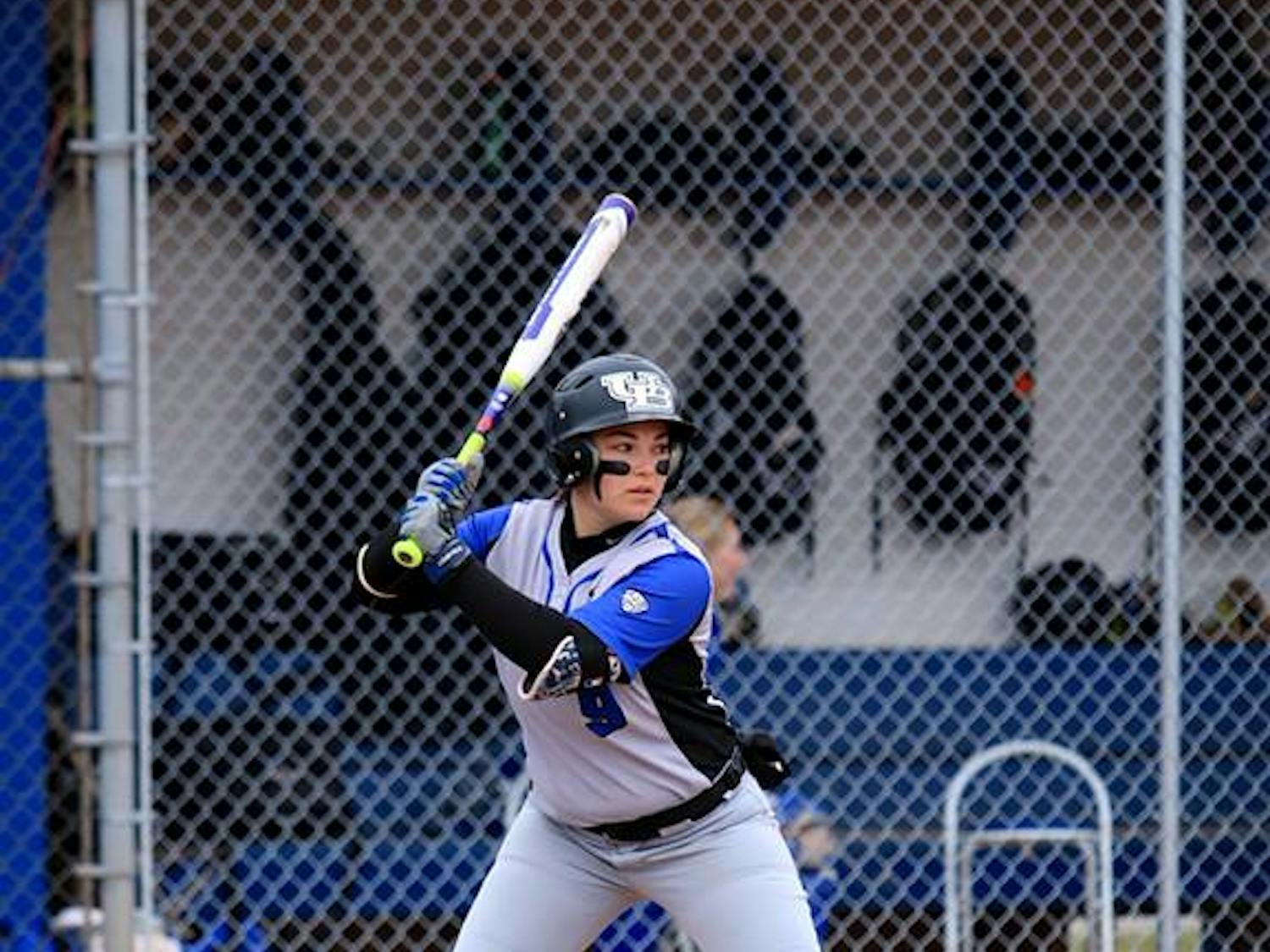 Senior third baseman Danielle Lallos at the plate. The Bowling Green Falcons swept the Bulls in a doubleheader Friday.