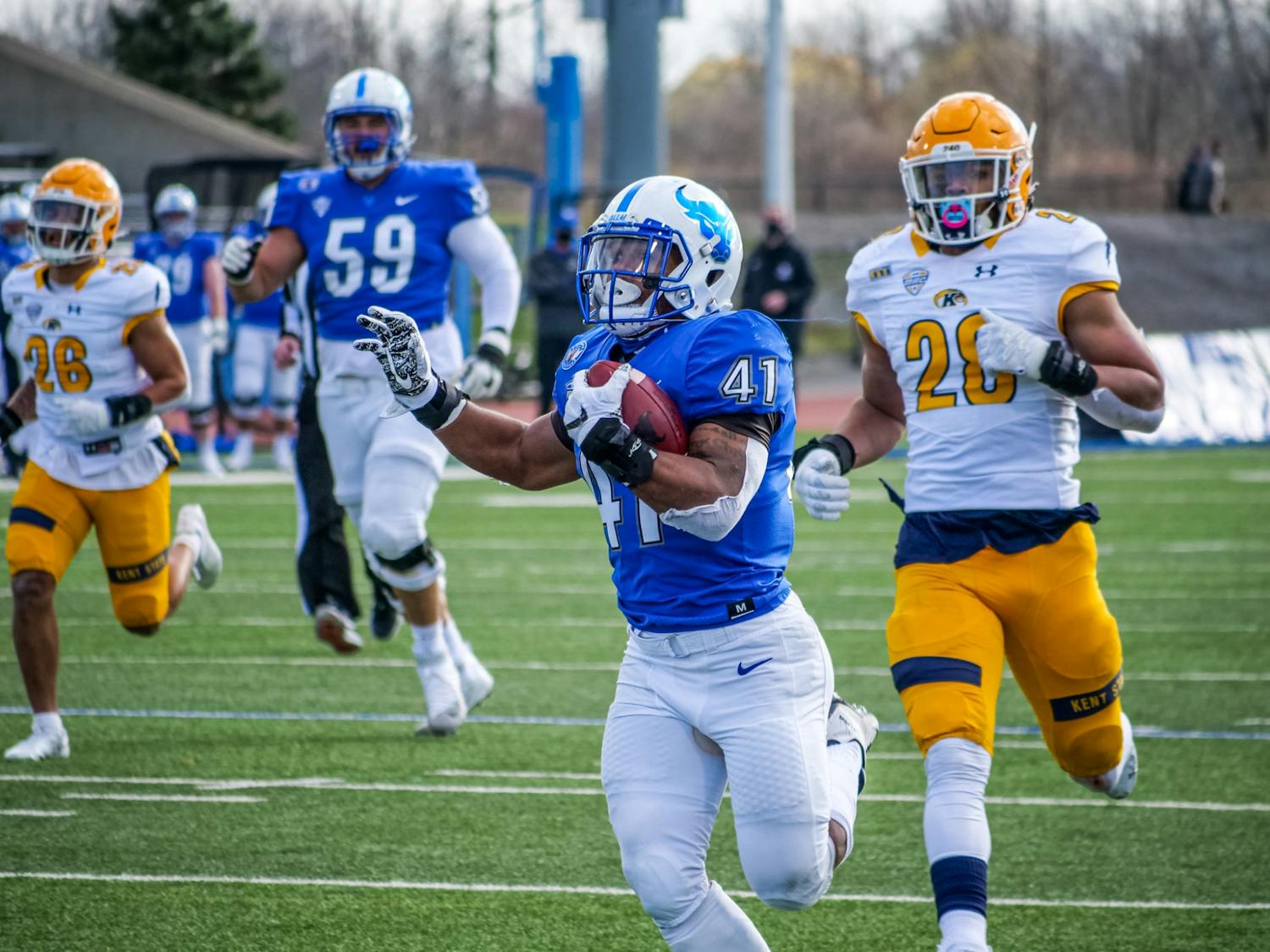 UB running back Jaret Patterson (41) rushed for 409 yards and eight touchdowns in a 70-41 victory over the Kent State Golden Flashes Saturday.