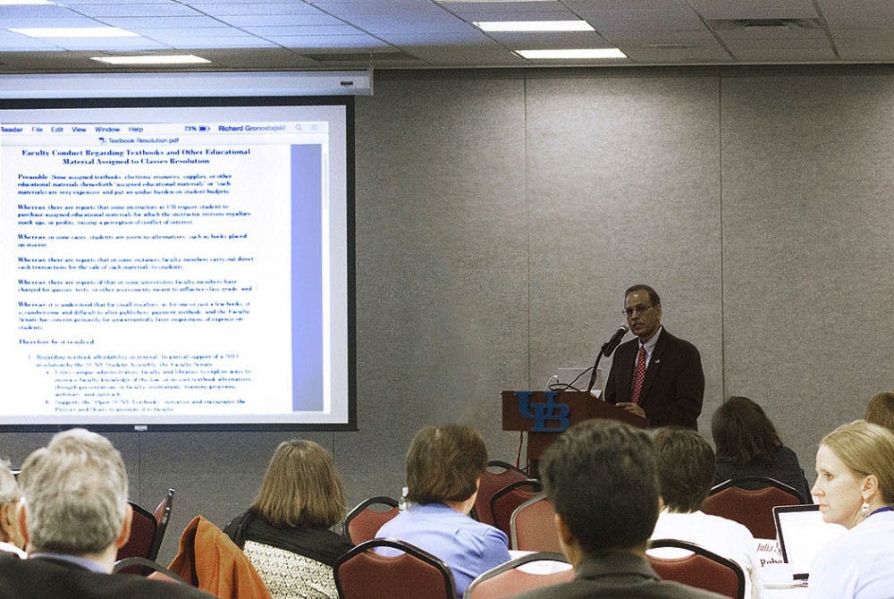 <p>President Satish Tripathi speaks at the first Faculty Senate meeting of the year in October. On Tuesday, the Faculty Senate discussed diversity and inclusion, as well as UB’s new loan program for faculty purchasing homes in the University Heights.</p>