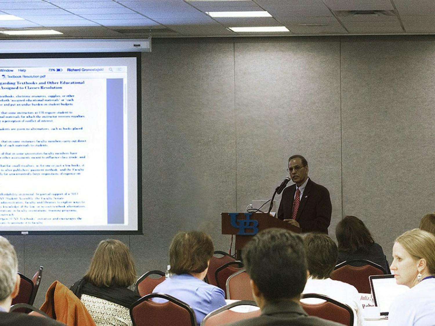 President Satish Tripathi speaks at the first Faculty Senate meeting of the year in October. On Tuesday, the Faculty Senate discussed diversity and inclusion, as well as UB’s new loan program for faculty purchasing homes in the University Heights.