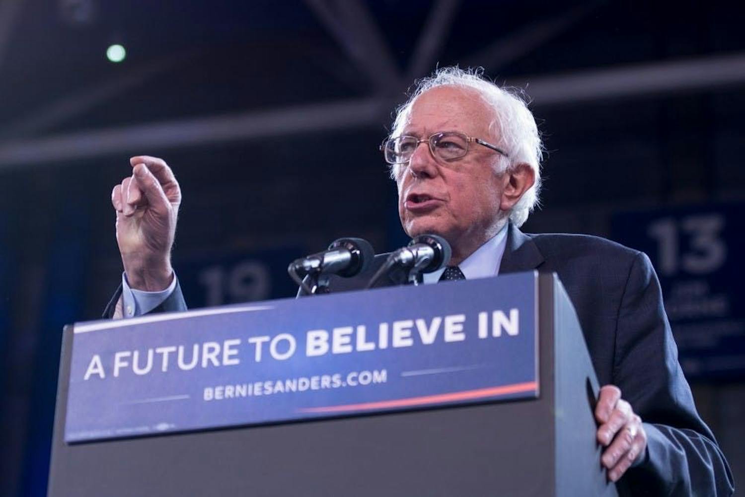 2020 presidential candidate Bernie Sanders looks out at his supporters during his "A Future to Believe In" rally in Alumni Arena in 2016.