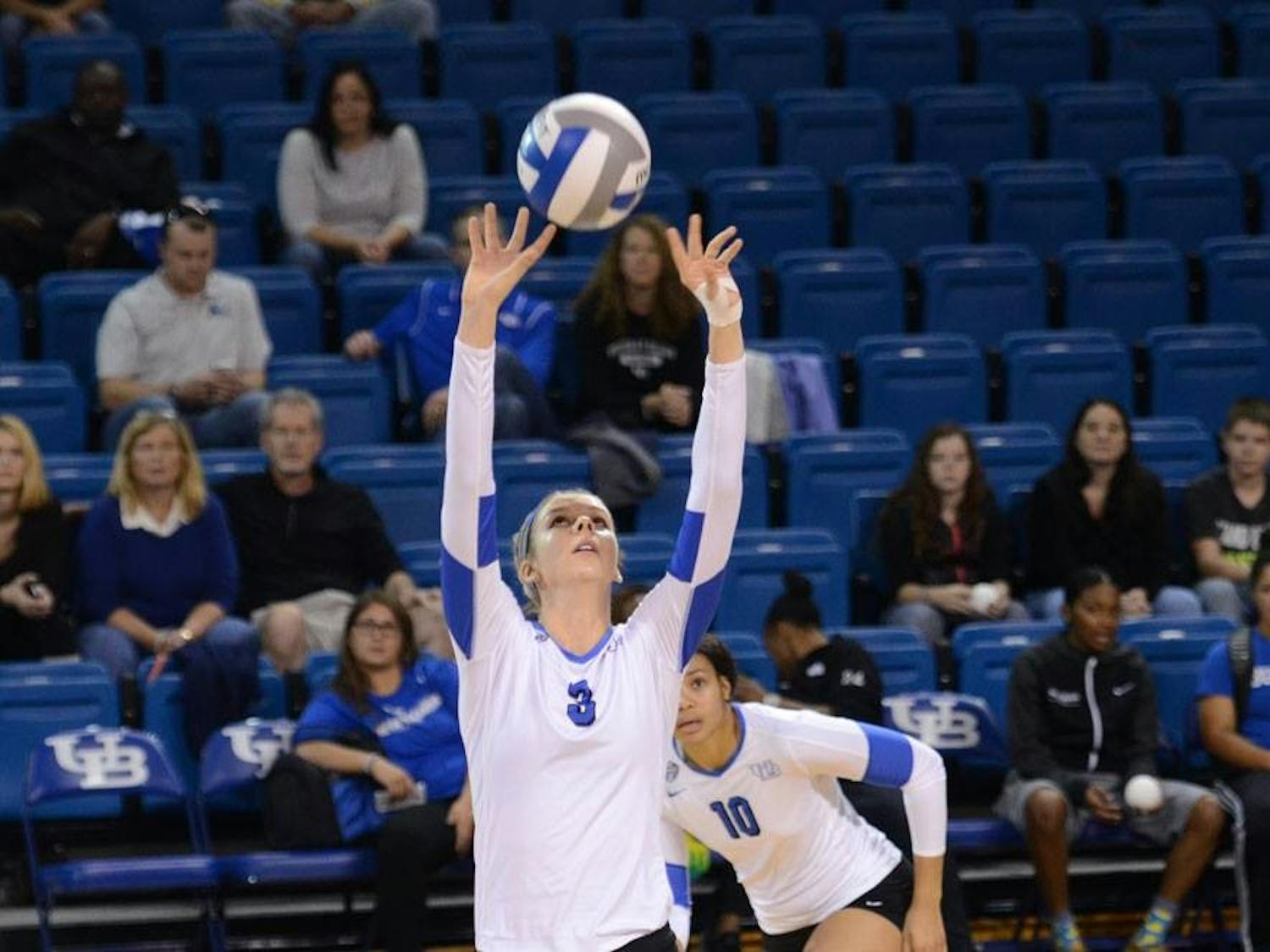 Junior setter Madison Clark sets the volleyball in a home game. Clark has decided to transfer out of UB women's volleyball program. 