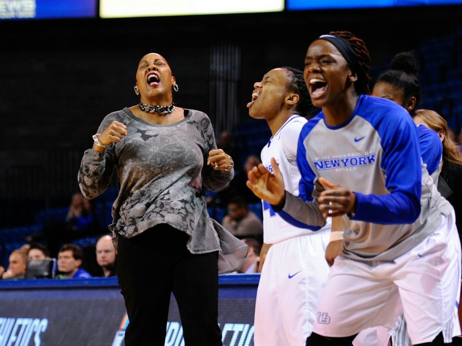 Bulls head coach Felisha&nbsp;Legette-Jack and the bench celebrate during Buffalo's victory over Ball State in Alumni Arena on Feb. 6.&nbsp;