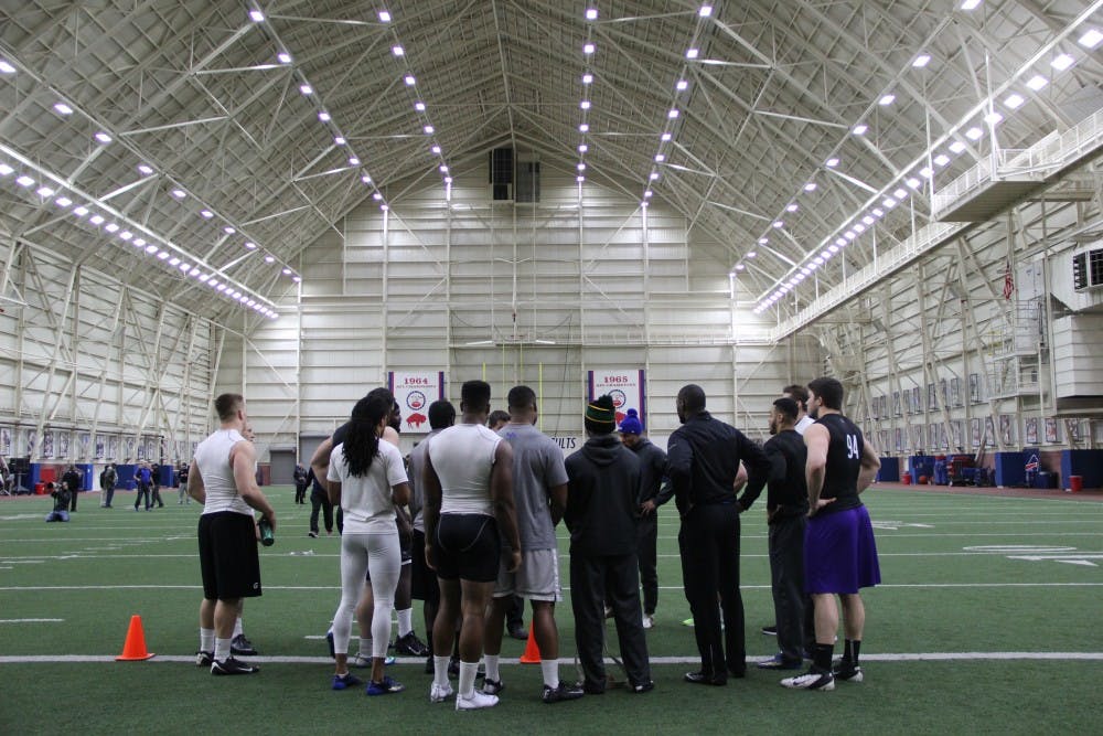 Fourteen local football players - including 12 Buffalo players - gather in the Ralph Wilson Fieldhouse to try and impress NFL scouts at this year’s Pro Day.