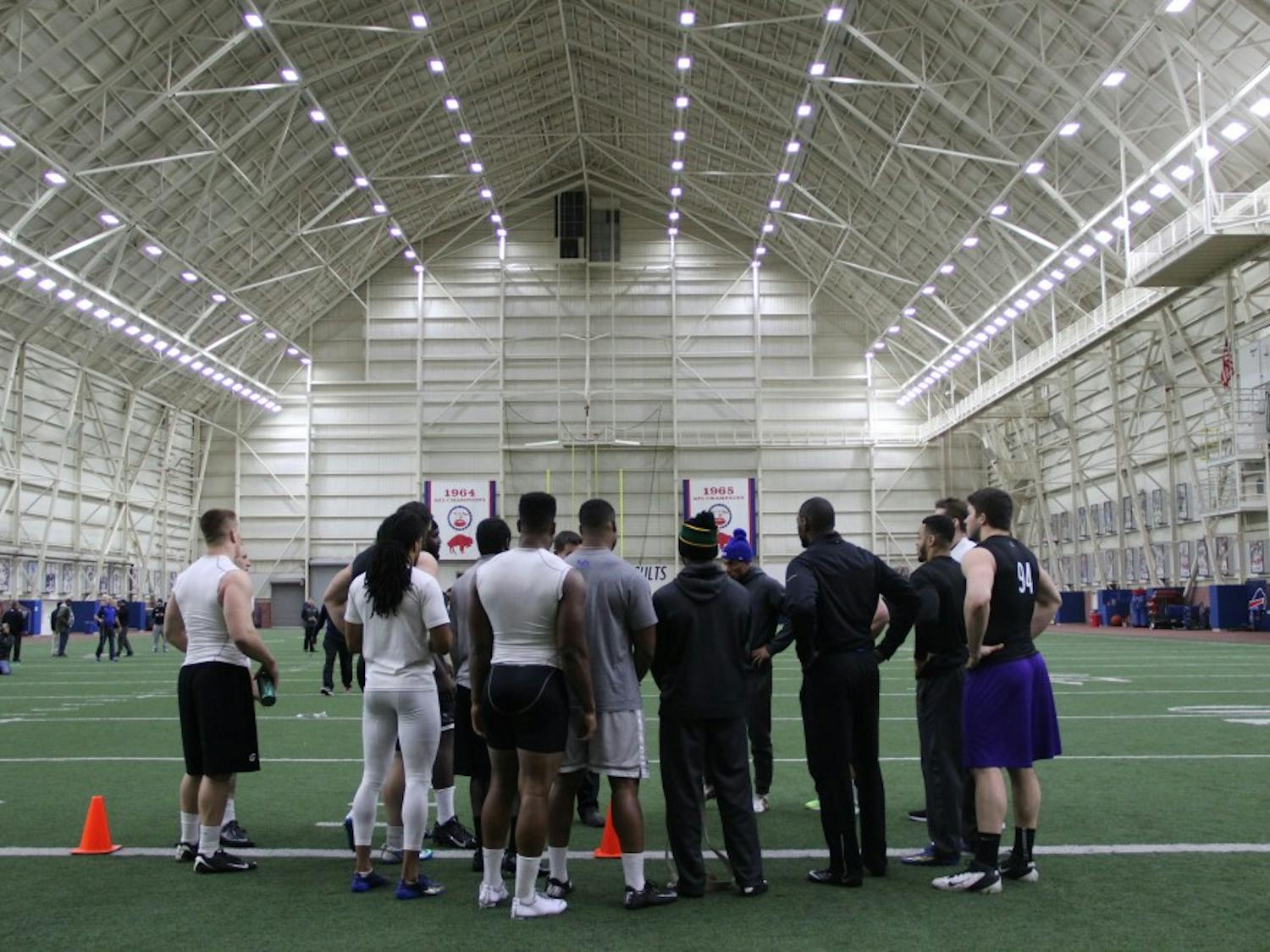 Fourteen local football players - including 12 Buffalo players - gather in the Ralph Wilson Fieldhouse to try and impress NFL scouts at this year’s Pro Day.