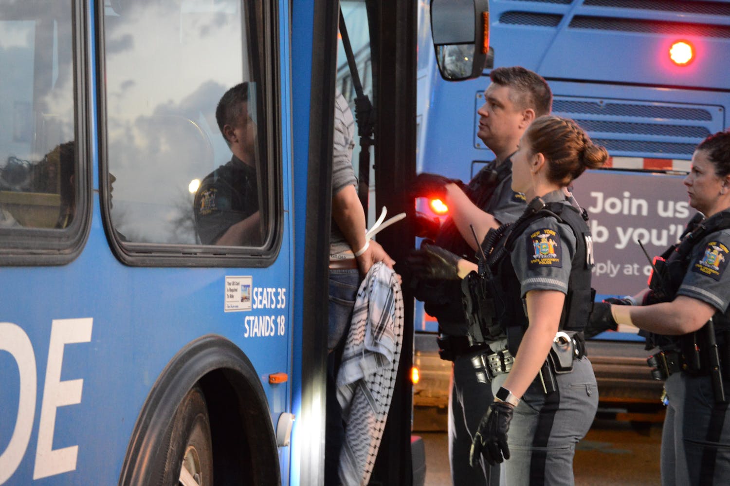 Several of the arrested protesters were transported off campus on a UB Stampede bus. About 10 demonstrators inside one bus could be heard chanting “free Palestine.”&nbsp;