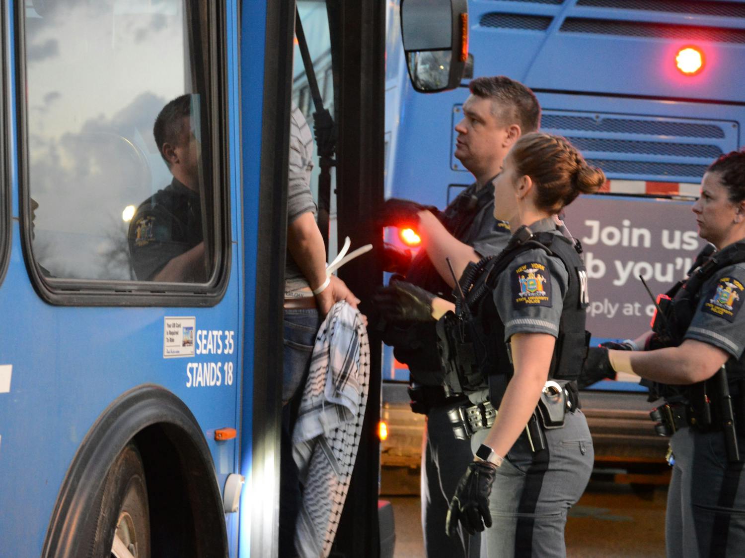 Several of the arrested protesters were transported off campus on a UB Stampede bus. About 10 demonstrators inside one bus could be heard chanting “free Palestine.”&nbsp;