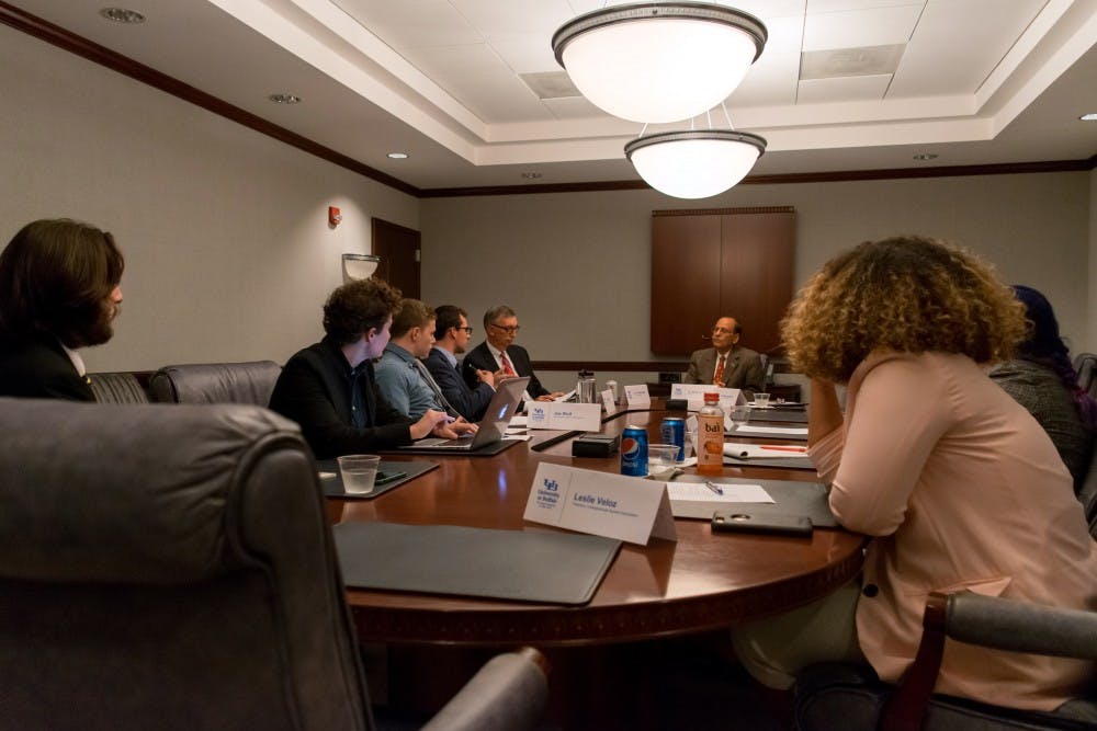 <p>President Satish Tripathi and Vice President of Student Life Scott Weber sit in on COAL meeting with student government leaders, UB Student Council Representative&nbsp;Michael&nbsp;Brown SA President Leslie Veloz, GA president Jennifer Schechter, former GA president Tanja Niina Aho, Student Wide Judiciary Chief Justice Joe Wolf and Graduate Management Association’s secretary Mark Wilson.&nbsp;</p>