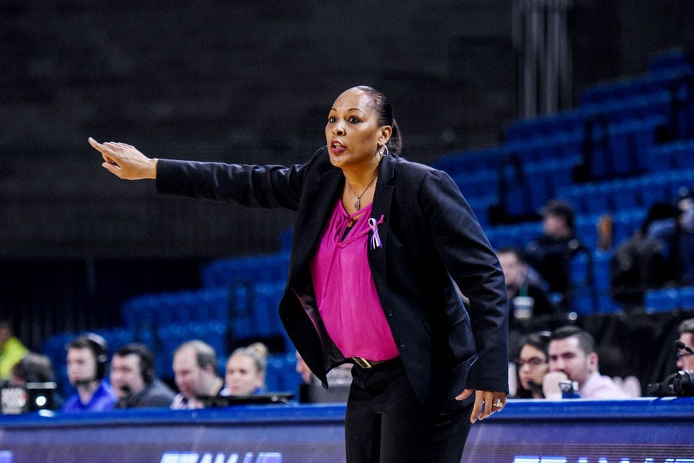 <p>Bulls head coach Felisha Legette-Jack looks on, leading her team in the right direction. A former player and coach at Syracuse University, Legette-Jack was impressed at her alma mater’s run to the Final Four.</p>