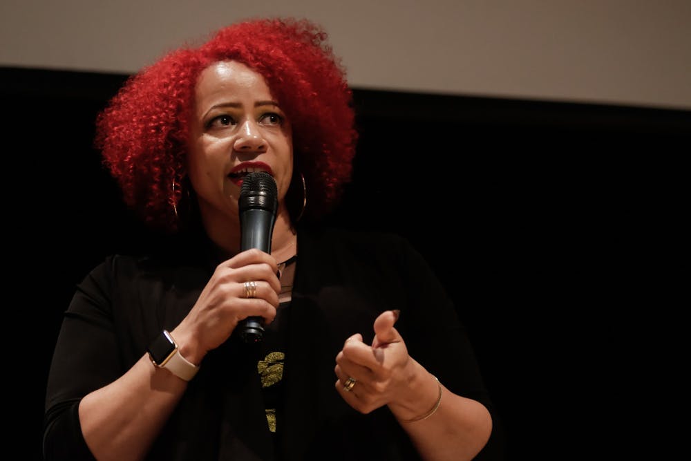 Nikole Hannah-Jones speaks to an audience in 2018. The Pulitzer Prize-winning journalist will speak at the Center for the Arts on Wednesday, Feb. 16.