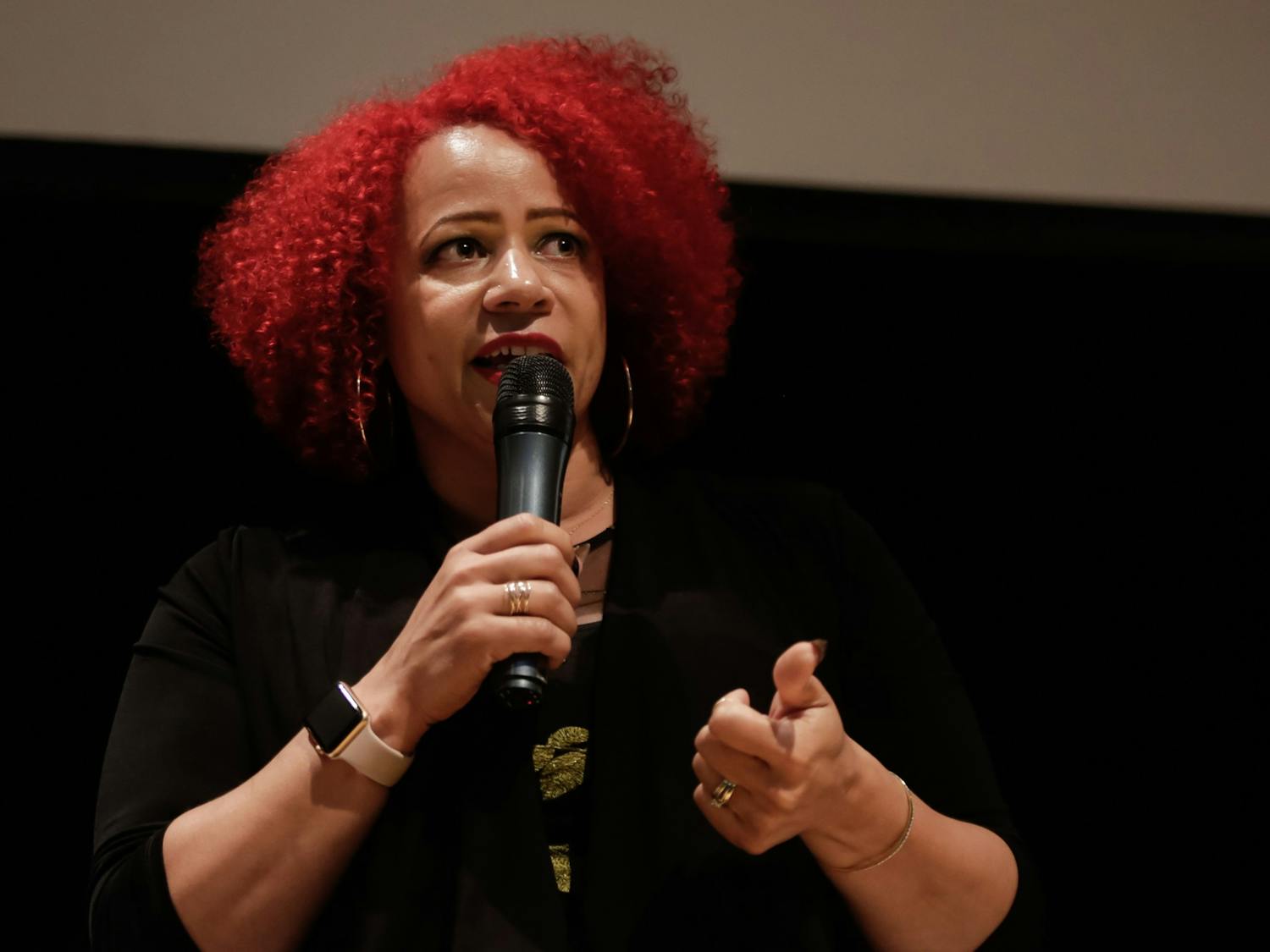 Nikole Hannah-Jones speaks to an audience in 2018. The Pulitzer Prize-winning journalist will speak at the Center for the Arts on Wednesday, Feb. 16.