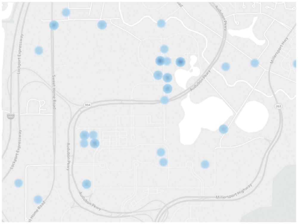 <p>North Campus sexual offense data (with proximity-based exclusions), Jan. 1, 2011 through Feb. 7, 2019. Data courtesy of Amherst Police and University Police.</p>