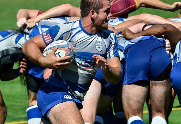 Sophomore flanker Colton Kells runs with the ball in the men&rsquo;s rugby team&rsquo;s 31-8 loss at Iona Sept. 27. The team is currently in its first season in the Rugby East Conference. Courtesy of Potter Palm Productions