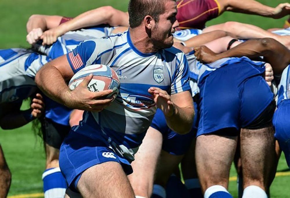 Sophomore flanker Colton Kells runs with the ball in the men&rsquo;s rugby team&rsquo;s 31-8 loss at Iona Sept. 27. The team is currently in its first season in the Rugby East Conference. Courtesy of Potter Palm Productions