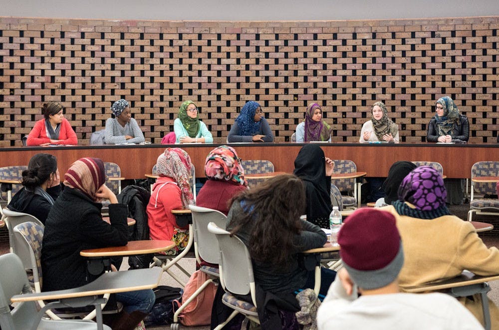 <p>During a discussion session after the daylong “Cover a Mile in Her Scarf” event, Muslim and non-Muslim students talked about perceptions on wearing a hijab on Feb. 20. Non-Muslim students spent the day wearing a hijab, discovering what daily life is like for hijabis (Muslim women who choose to wear a hijab).</p>