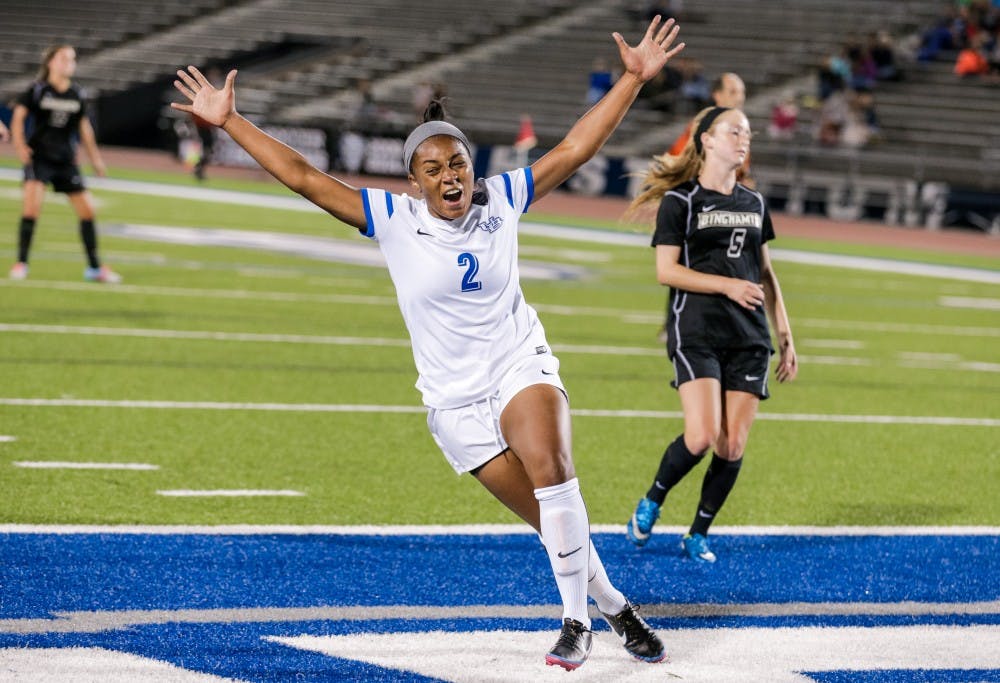 <p>N'Dea Johnson celebrates after scoring a goal against Binghamton. It was the first goal Johnson scored in her UB career, after missing the last two seasons with various injuries.</p>