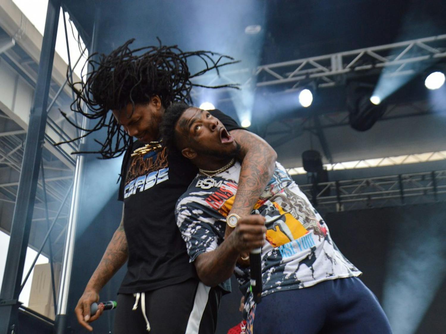 Rapper Waka Flocka Flame (left) put on the most audience-involved performance of the night. Flocka and his hype man bounced around the stage, showering fans with champagne and water.