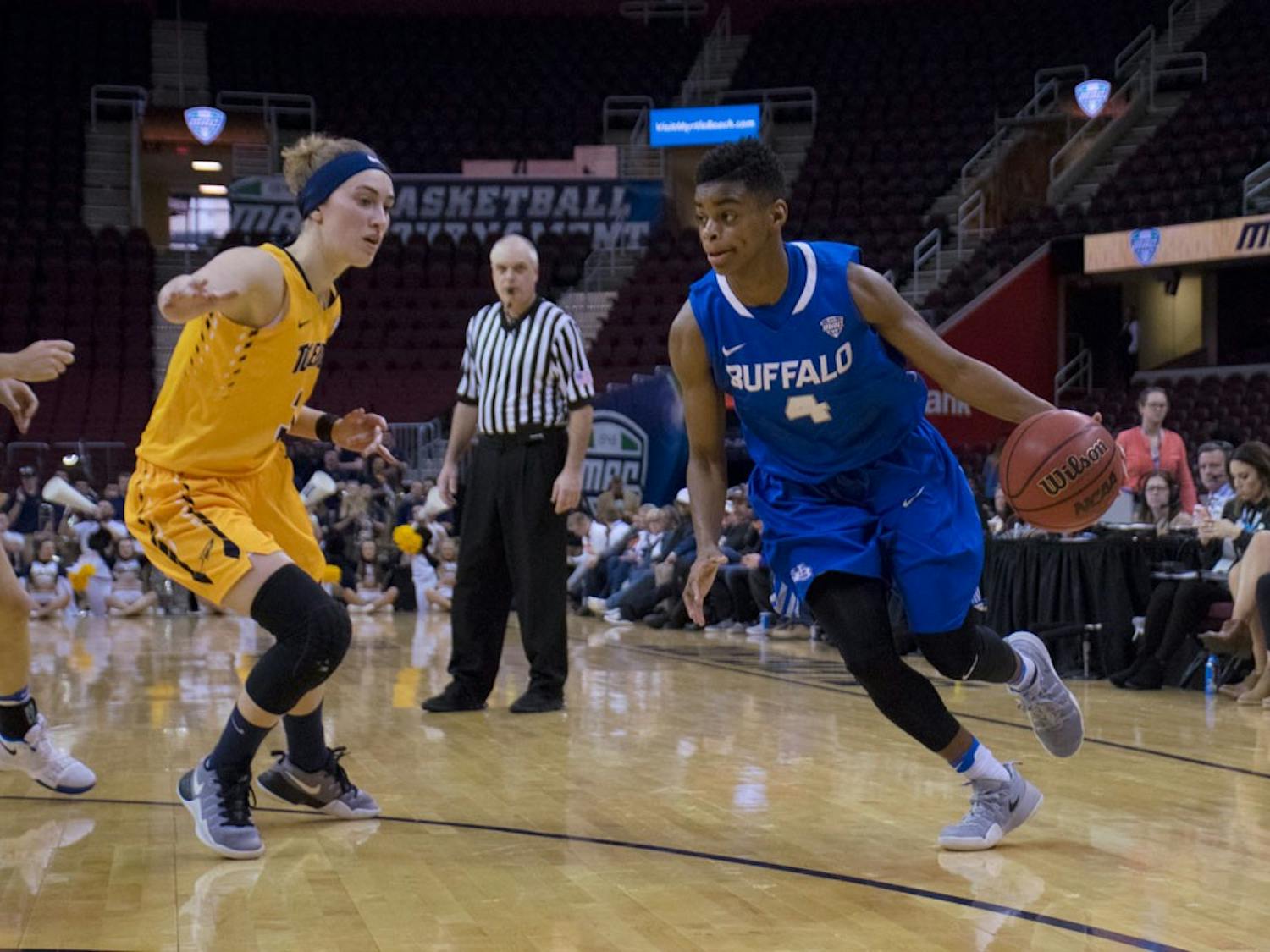 Senior guard JoAnna Smith drives to the hoop during the MAC Tournament semifinal against Toledo. Women’s basketball failed to repeat as MAC Champions.