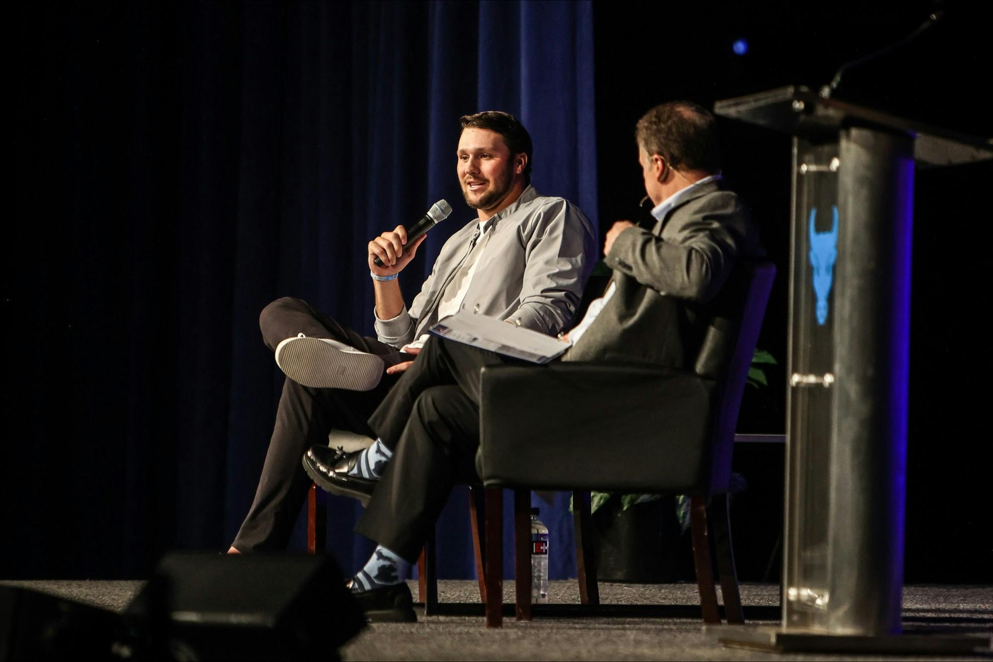 Josh Allen was interviewed by former Buffalo Bill Steve Tasker at UB on Wednesday.