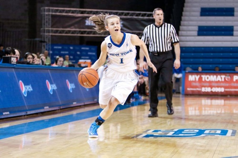 Freshman guard Stephanie Reid, pictured here, and the women&rsquo;s basketball team will now wear a No. 32 patch to memorialize Eastern Michigan player Shannise Heady. On Jan. 25, Heady was killed in an automobile accident in Ypsilanti, Michigan. Courtesy of UB Athletics