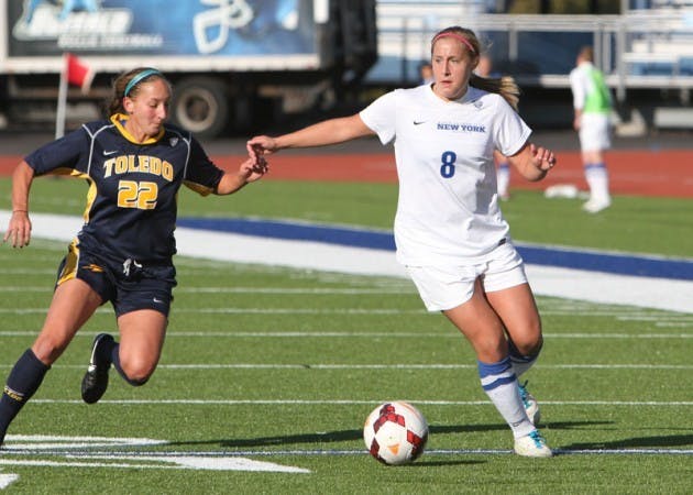 Senior forward Katie Roberts scored the game-winning goal in Buffalo&rsquo;s 2-0 MAC quarterfinal victory over Toledo Sunday. Roberts now has 11 goals on the season. Chad Cooper, The Spectrum