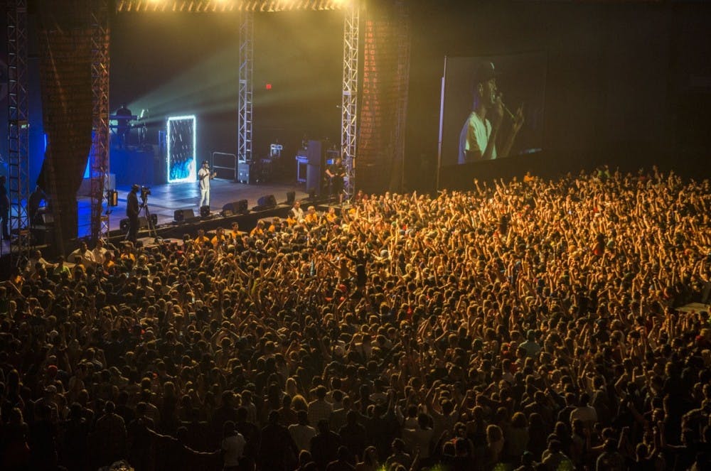 <p>Big Sean performs in front of a sold-out crowd at Fall Fest held in&nbsp;Alumni Arena last semester. This year's Spring Fest will also be held in Alumni Arena due to weather forecast.</p>