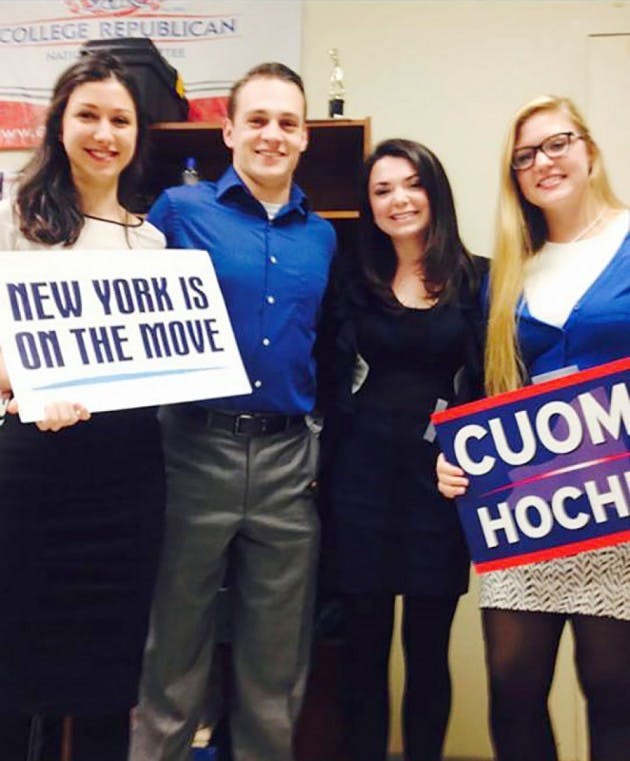 Laura Mannara (far left), president of
College Democrats,&nbsp;went with other members
in her club (Sean Kaczmarek, Melissa Kathan,&nbsp;
and Carly Gottorff) to watch the gubernatorial
debate watch party for Gov. Andrew
Cuomo.&nbsp;Curtosy of Laura Mannara