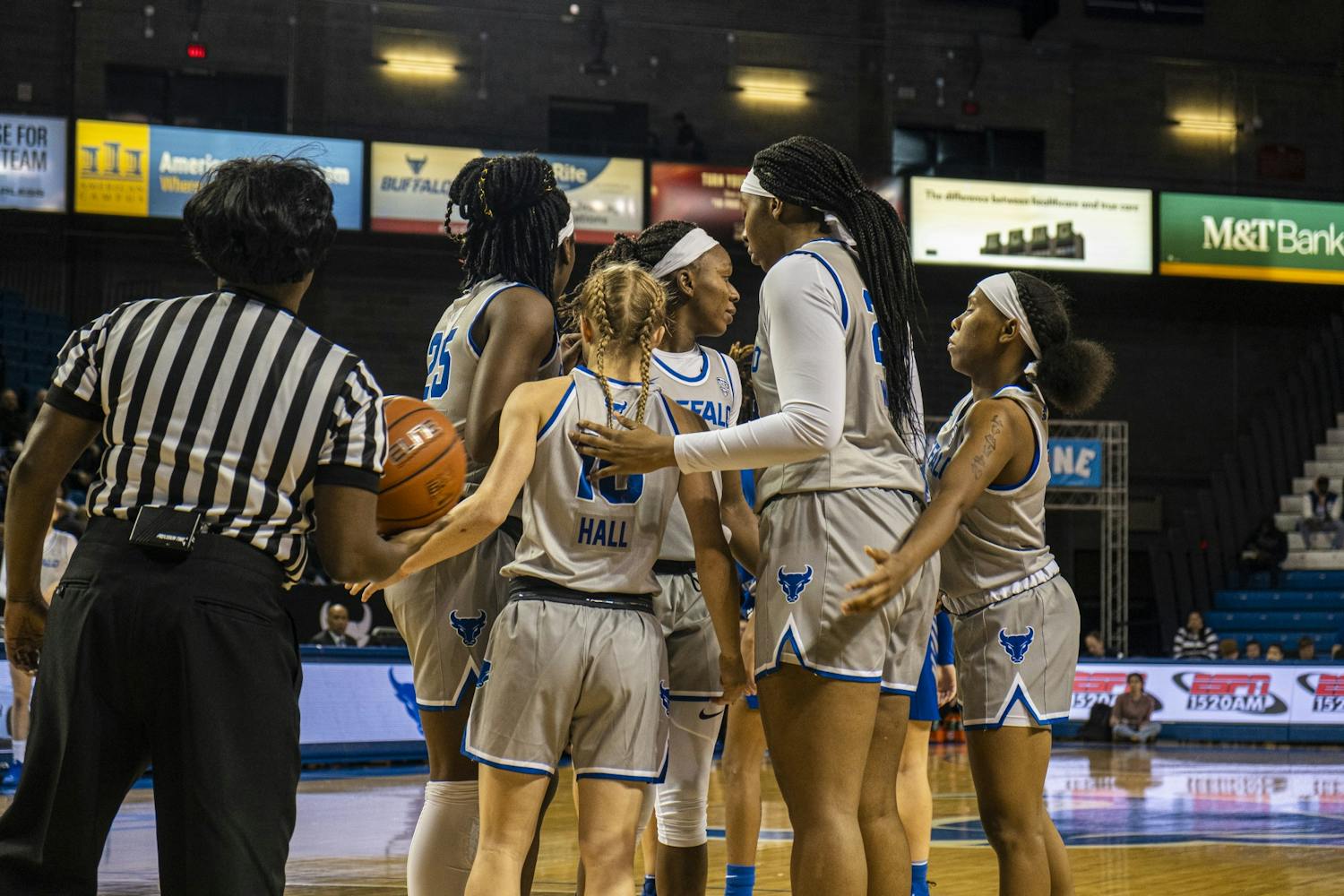The women’s basketball team huddles up before an offensive possession.