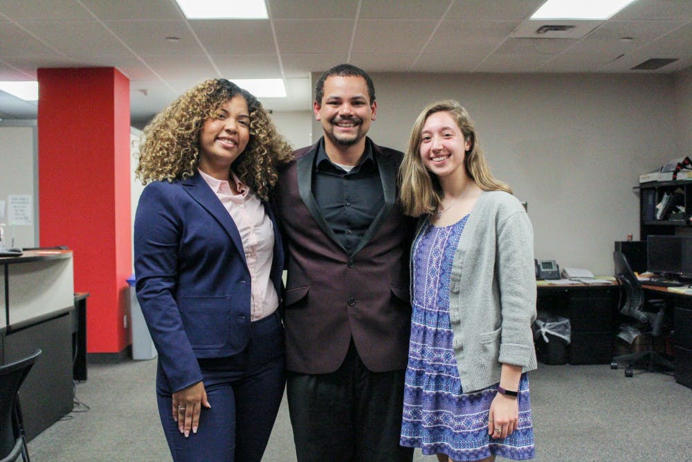 <p>Jamersin Redfern stands between SA President Leslie Veloz (left) and Treasurer Janet Austin (right). Redfern recently announced his resignation from his position of SA Vice President on Feb. 2.</p>