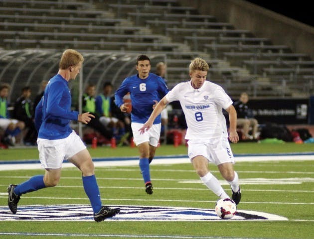 Sophomore midfielder Nicolai Berry had an assist in the men&rsquo;s soccer team&rsquo;s 3-2 victory over Detroit Friday night. Yusong Shi, The Spectrum&nbsp;