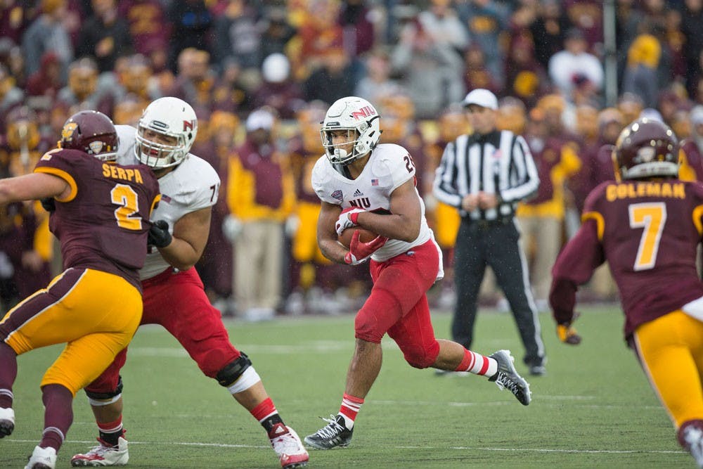 <p>Junior running back Joel Bouagnon runs the ball up the middle during an Oct. 3 matchup against Central Michigan. Buffalo meets Northern Illinois on Wednesday night as Buffalo seeks its fourth straight win.</p>