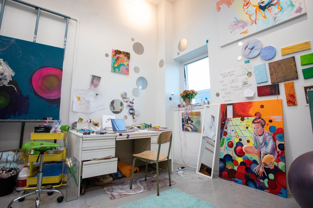 <p>A look inside the studio of MFA candidate and graduate student worker, Ali Lazik, during UB's annual Art in the Open event.</p>
