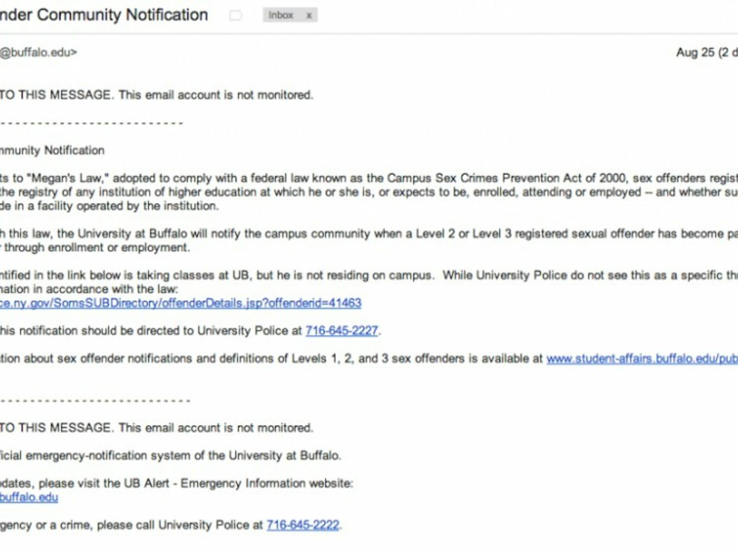 The email as it appeared to UB students, faculty and staff. 