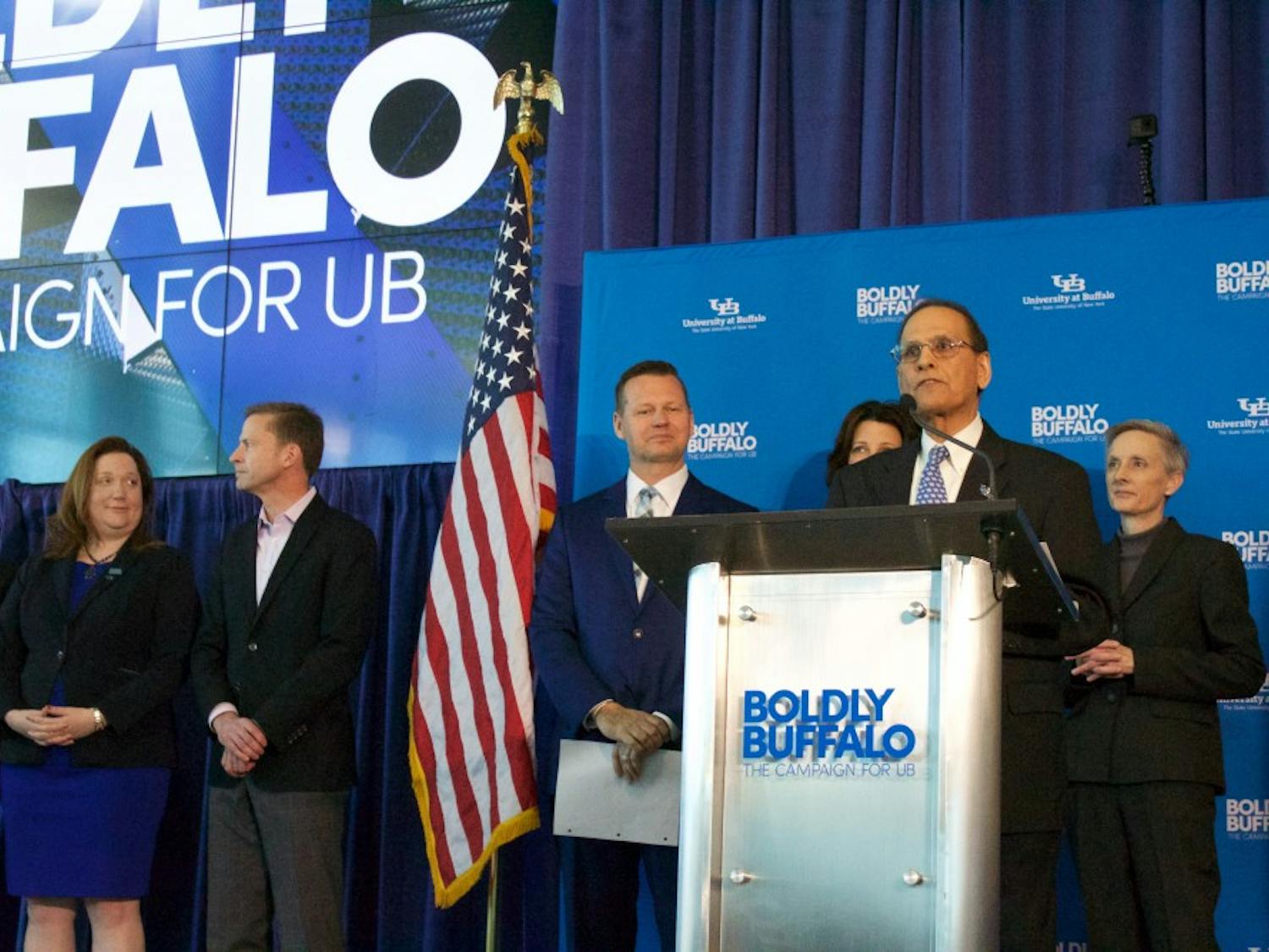 President Tripathi addresses the crowd in the Student Union lobby. Tripathi announced the university's most ambitious fundraising campaign in SUNY history on Monday.