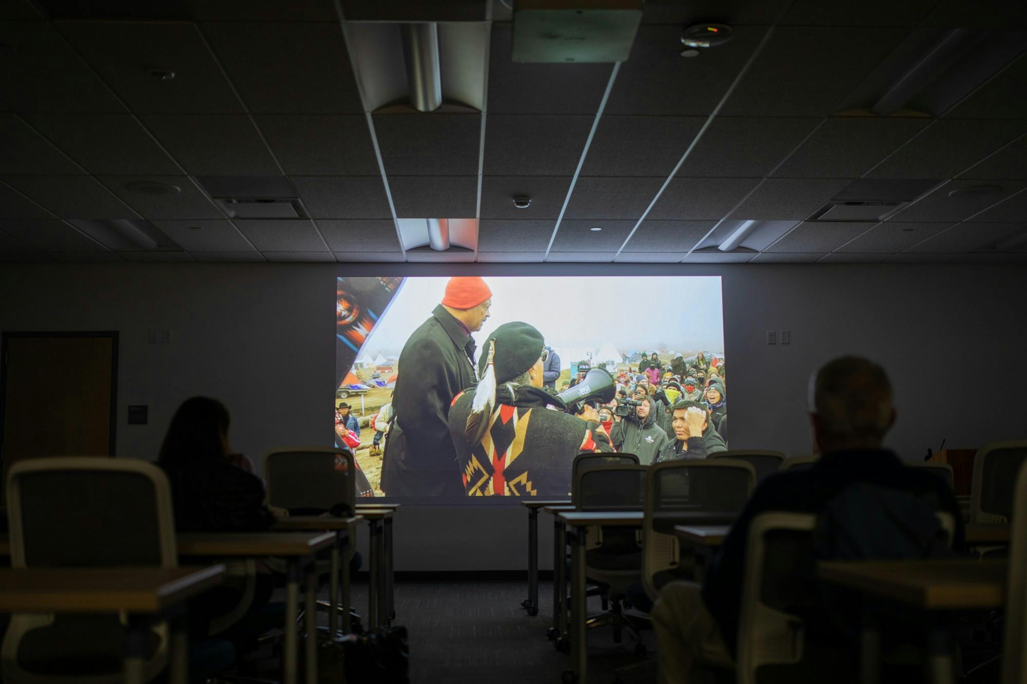 Participants attend a movie screening sponsored by the UB Libraries in recognition of Native American Heritage month.