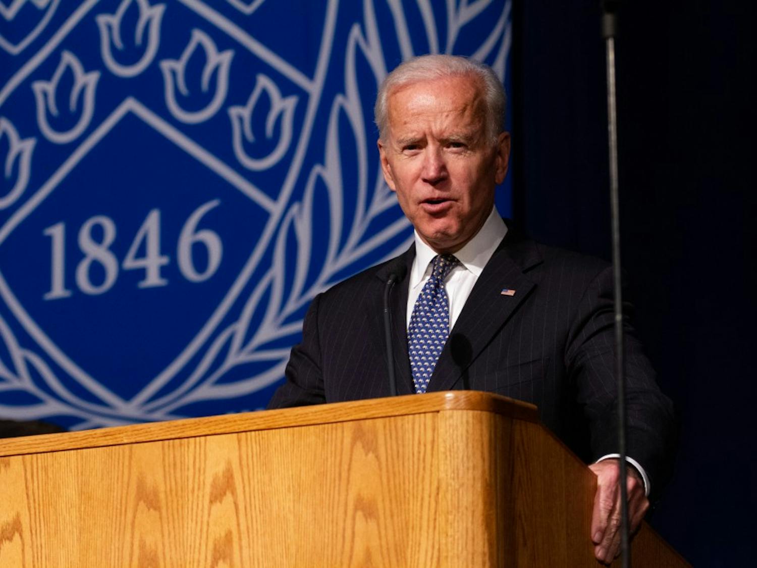 Former U.S. Vice President Joe Biden speaks at Thursday's Distinguished Speaker Series. Biden spoke about the current political climate, the recent targeted attack and his hopes in creating a tamer political environment.&nbsp;