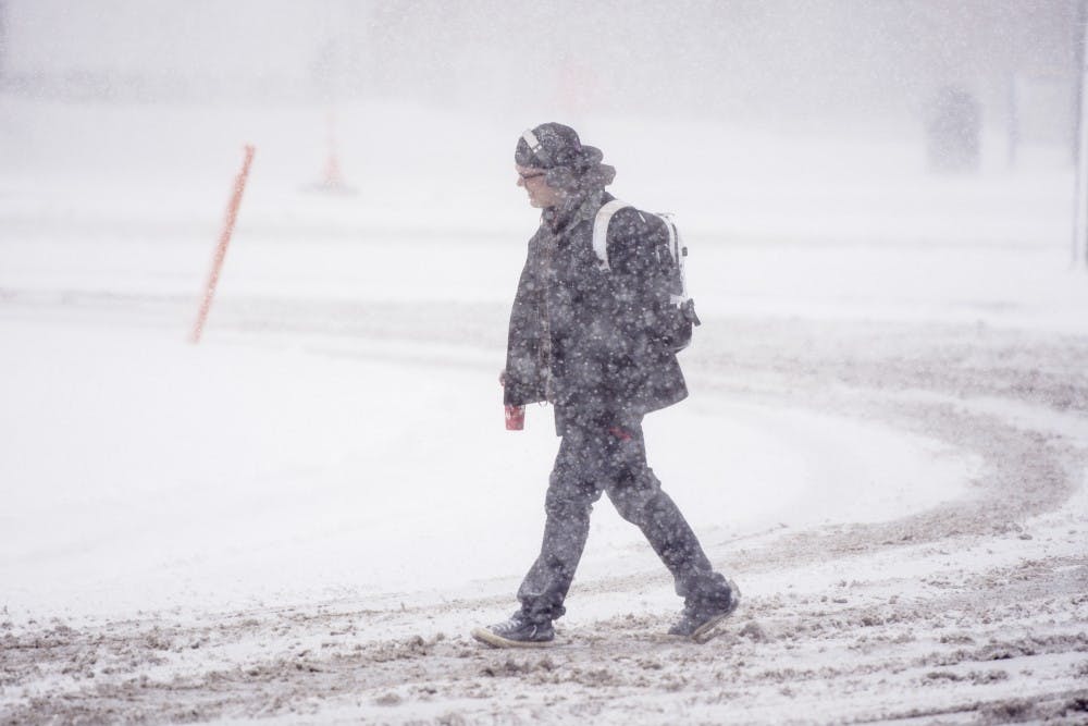 <p>A student walks through the snow on North Campus on Feb. 12. A snowstorm has caused difficult commutes to campus on Tuesday.&nbsp;</p>