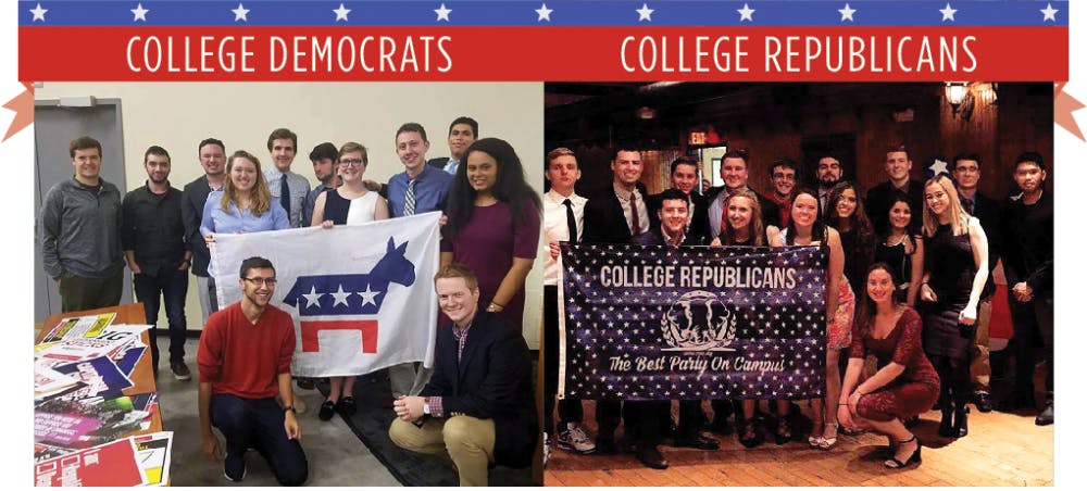 <p>College Democrats and College Republicans host weekly meetings during which they participate in activism and political discussions. Students in both groups have a variety of different political views, but interact cordially.</p>