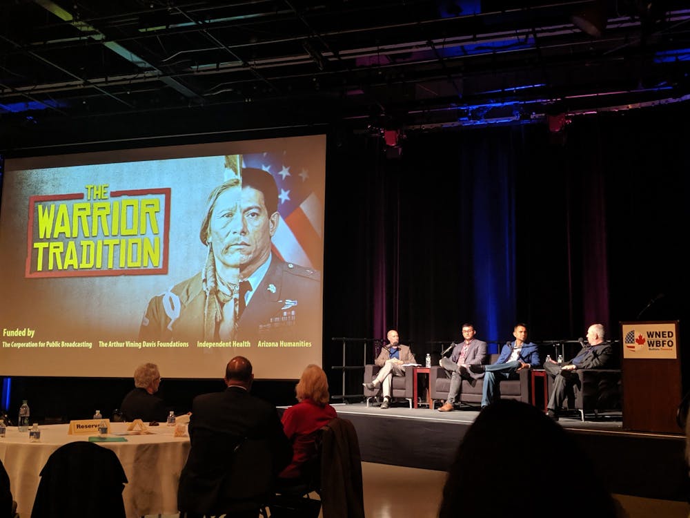 <p>(L to R) Larry Hott, director-producer, "The Warrior Tradition;" Calen Abrams (Seneca), director-producer, "Art, Honor &amp; Service;" DJ Vanas (Odawa) motivational storyteller; and John Grant, chief program officer WNED, "The Warrior Tradition"</p>