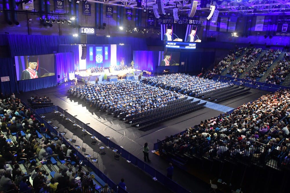 Alumni Arena during one of UB’s commencement ceremonies. Hours of labor go into each ceremony so they can happen right after each other.