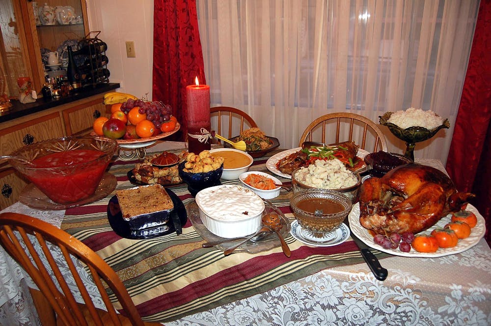 A table full of famous Thanksgiving dishes.