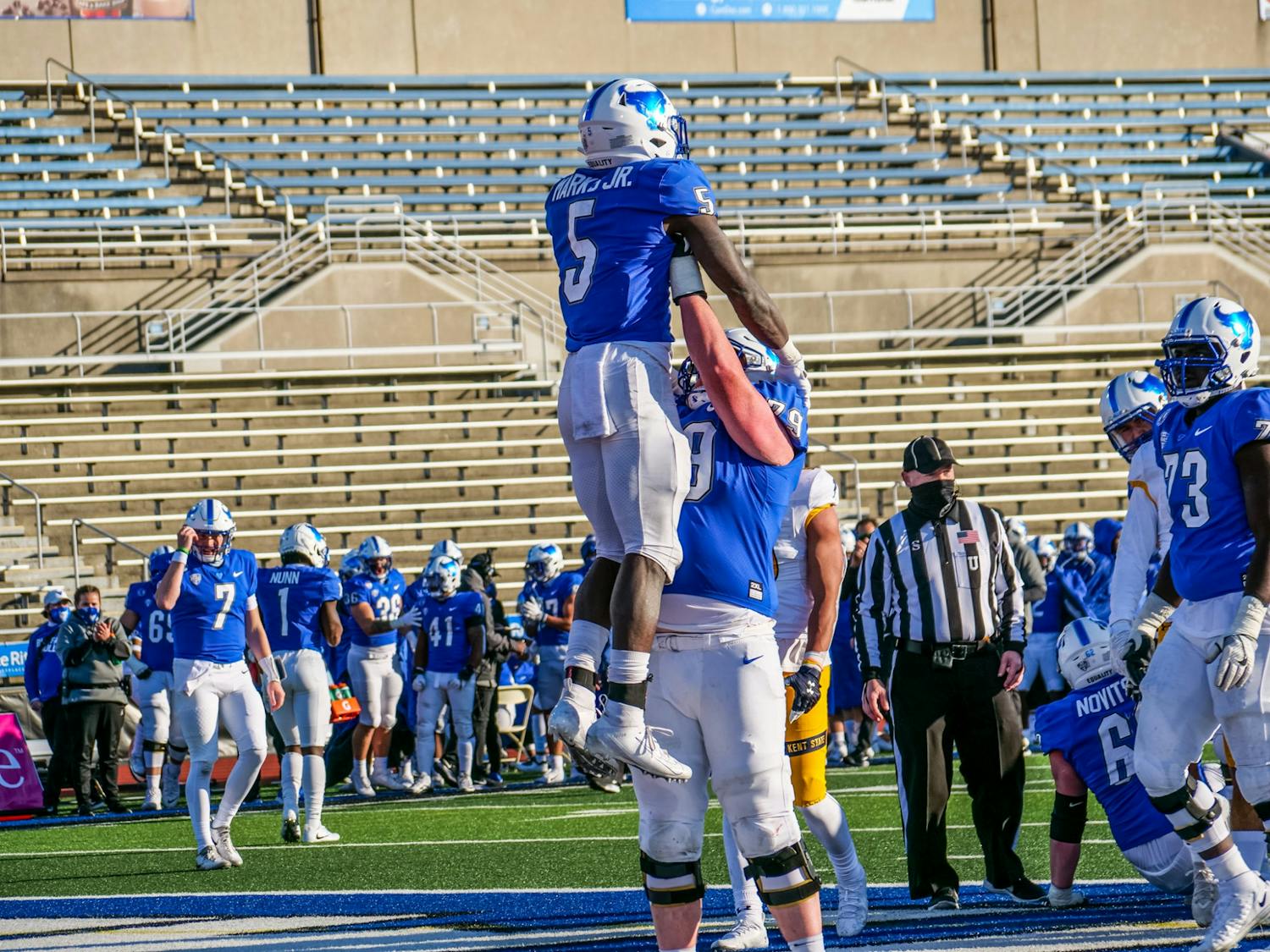 UB running back Kevin Marks (5) rushed for 97 yards and two touchdowns on 16 carries.