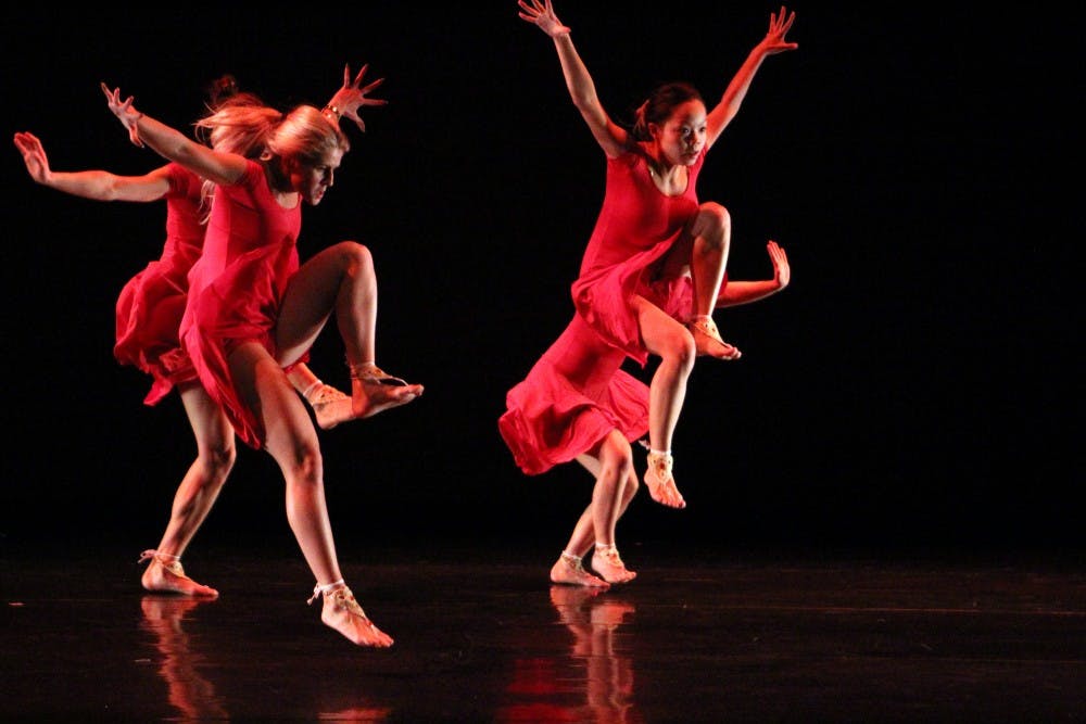 <p>Members of the Zodiaque Dance Company rehearse in the Center for the Arts for this week’s concert. Performers and producers of the show have been working up to 20 hours a week.</p>