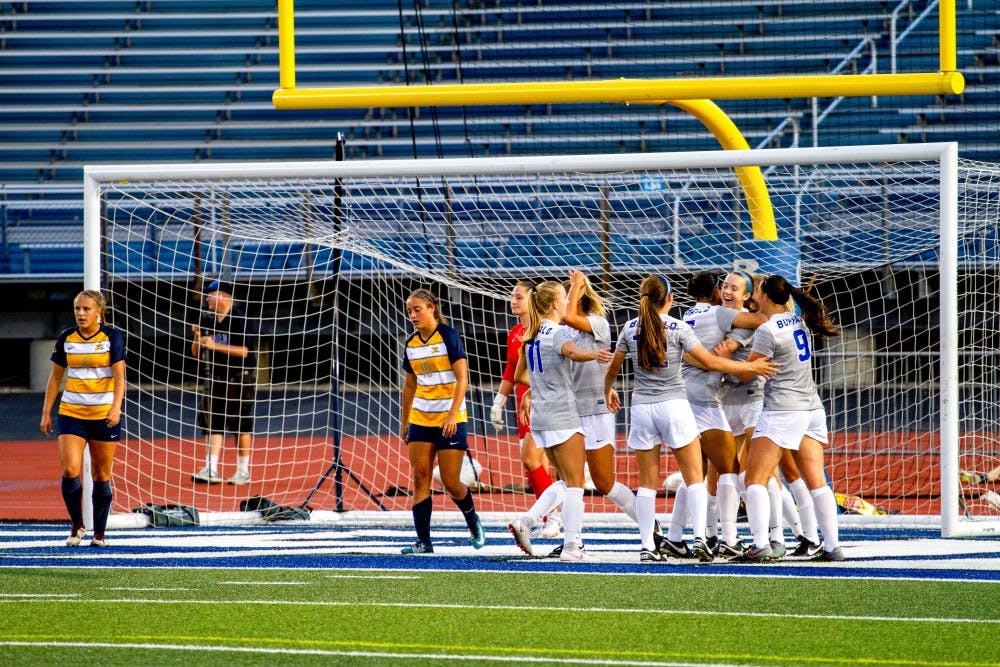 <p>The Bulls celebrate at the net after scoring at UB Stadium. Soccer went 1-1 this past weekend but players said they are confident they will go 2-0 with games Friday and Sunday at home.</p>