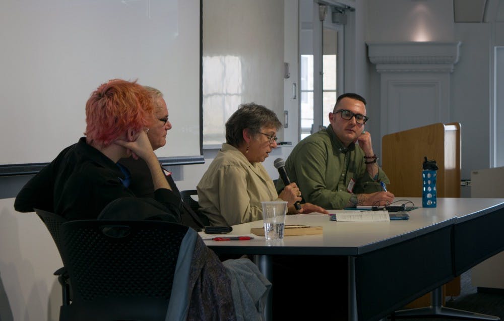 <p>Panelists discuss UB’s and Buffalo’s “radical history” on Friday in Hayes Hall. Friday’s symposium featured a number of panelists who recounted the histories of feminist and queer cultures in the Queen City.</p>