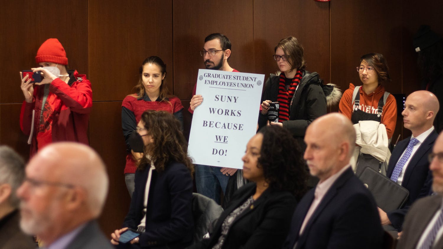 Graduate Student Employees Union members protested for higher minimum stipends and the elimination of fees during the December 2022 UB Council meeting.&nbsp;
