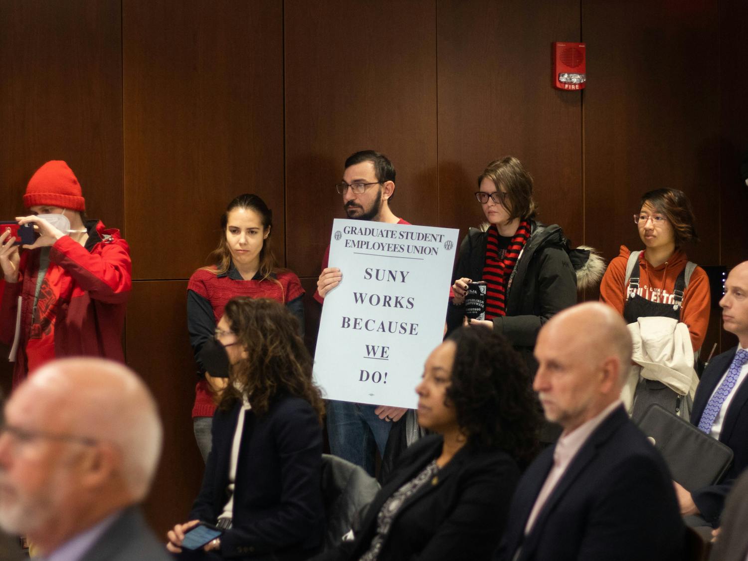 Graduate Student Employees Union members protested for higher minimum stipends and the elimination of fees during the December 2022 UB Council meeting.&nbsp;