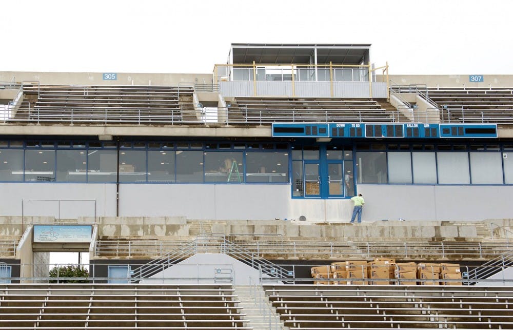 <p>Construction being done on UB Stadium's west side on Aug. 18 to create a premium seating area for donors. The premium seating area was named the Edmond J. Gicewicz Club on Wednesday by the UB Council. </p>